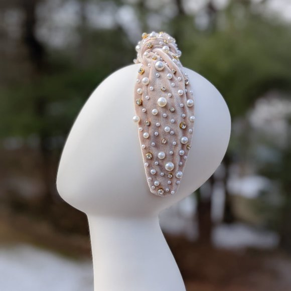 Champagne Pearl Knot Velvet Headband Pearl Beads Handmade Knotted Turban Bridal main image 5